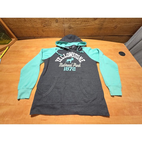 Prairie Mountain Tops - Prairie Mountain Yellowstone National Park Hoodie Gray Mint Green Womens Large